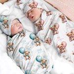 Ensemble d'emmaillotage doux 100% coton avec nom Ourson Ballon Personnalisé Cadeau pour nouveau né