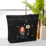 Sac à Épaule Personnalisé avec Nom Image du Personnage et Fleur de Naissance Tissu Oxford Grande Capacité Cadeau Anniversaire pour Femme