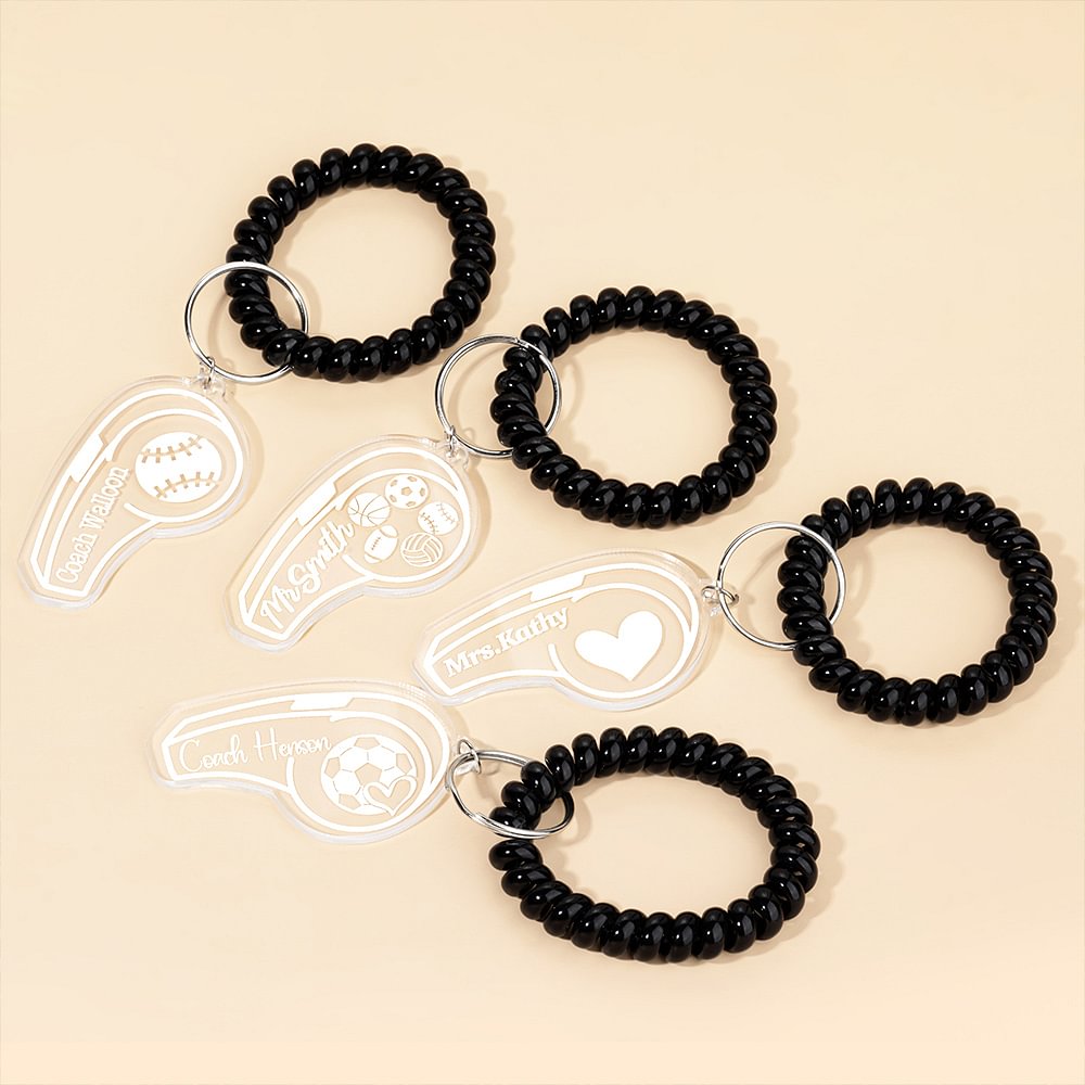 Porte-clés sifflet en acrylique transparent avec bracelet spirale Cadeau d'appréciation pour entraîneur de football, basket-ball, volley-ball, etc.