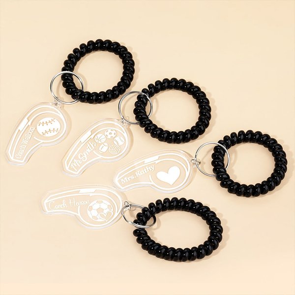 Porte-clés sifflet en acrylique transparent avec bracelet spirale Cadeau d'appréciation pour entraîneur de football, basket-ball, volley-ball, etc.