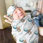 Ensemble d'emmaillotage doux 100% coton avec nom Ourson Ballon Personnalisé Cadeau pour nouveau né