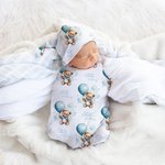 Ensemble d'emmaillotage doux 100% coton avec nom Ourson Ballon Personnalisé Cadeau pour nouveau né