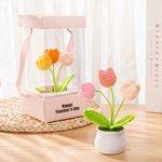 Personalized Handmade Crochet Tulips Potted Plant with Text and Gift Box Desk Decor Birthday Appreciation Gift for Teacher Mother