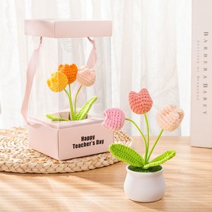 Personalised Handmade Crochet Tulips Potted Plant with Text and Gift Box Desk Decor Birthday Appreciation Gift for Teacher Mother