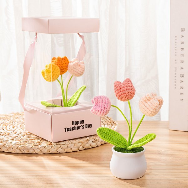 Personalized Handmade Crochet Tulips Potted Plant with Text and Gift Box Desk Decor Birthday Appreciation Gift for Teacher Mother