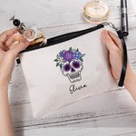 Personalized Sugar Skull Makeup Bag with Name and Wrist Strap Day of the Dead Gift for Women