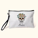 Personalized Sugar Skull Makeup Bag with Name and Wrist Strap Day of the Dead Gift for Women
