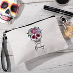 Personalized Sugar Skull Makeup Bag with Name and Wrist Strap Day of the Dead Gift for Women