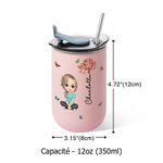 Gobelet 350ml Personnalisé avec Dessin Personnage et Nom Tumbler Étanche avec Couvercle Paille et Brosse Cadeau Voyage Anniversaire pour Femme Fille