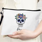 Personalized Sugar Skull Makeup Bag with Name and Wrist Strap Day of the Dead Gift for Women