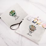 Personalized Sugar Skull Makeup Bag with Name and Wrist Strap Day of the Dead Gift for Women