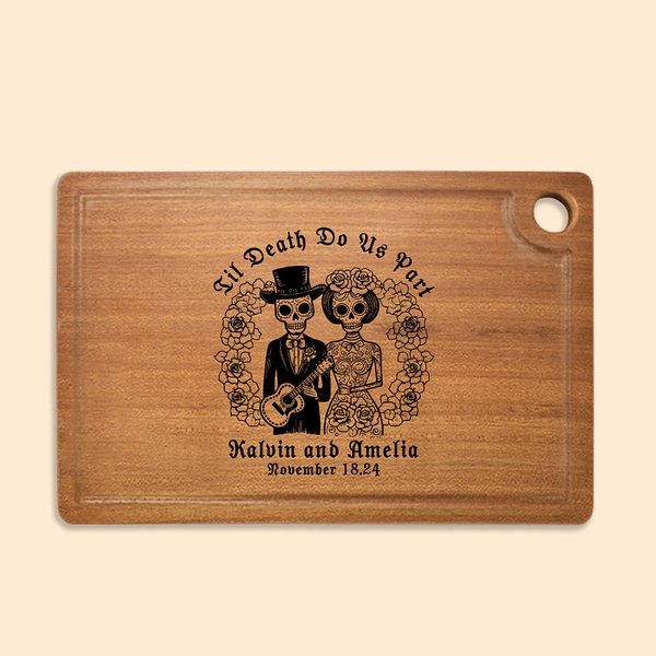 Personlig Til Death Do Us Part Sockerdödskalle Träskärbräda med graverat namn Day of the Dead Halloween Bröllopsgåva för par