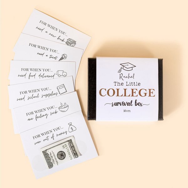 Personalized Grad Hat Cash Gift Card Survival Box College Care Package with 20 Cards and Tape High School Graduation Back to School Gift for Students