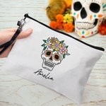 Personalized Sugar Skull Makeup Bag with Name and Wrist Strap Day of the Dead Gift for Women