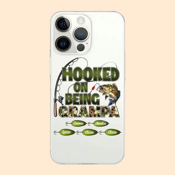 Personalized Hooked On Being Papa Fishing Theme Slim Phone Case Protective Cover for iPhone with Names Birthday Grandparents' Day for Dad Grandpa