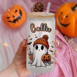 Personalized Cute Ghost 20oz Frosted Glass Tumbler with Bamboo Lid and Straw Spooky Season Halloween Gift for Women