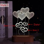 Veilleuse 3D Personnalisée avec Noms et Date Motif Coeur Cadeau Mariage pour Couple