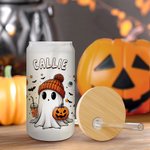 Personalized Cute Ghost 20oz Frosted Glass Tumbler with Bamboo Lid and Straw Spooky Season Halloween Gift for Women