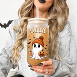 Personalized Cute Ghost 20oz Frosted Glass Tumbler with Bamboo Lid and Straw Spooky Season Halloween Gift for Women