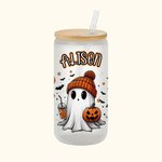 Personalized Cute Ghost 20oz Frosted Glass Tumbler with Bamboo Lid and Straw Spooky Season Halloween Gift for Women