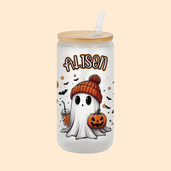 Personalisierte niedlichen Geist 20oz mattiertem Glas Becher mit Bambusdeckel und Stroh Spooky Saison Halloween Geschenk für Frauen