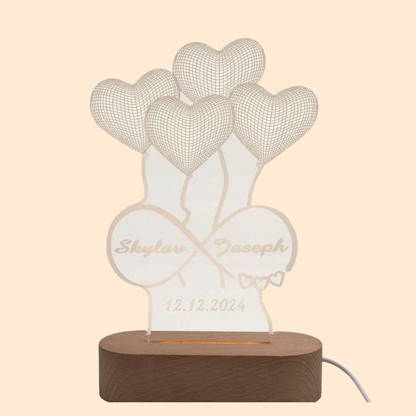 Veilleuse 3D Personnalisée avec Noms et Date Motif Coeur Cadeau Mariage pour Couple