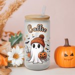 Personalized Cute Ghost 20oz Frosted Glass Tumbler with Bamboo Lid and Straw Spooky Season Halloween Gift for Women