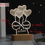 Veilleuse 3D Personnalisée avec Noms et Date Motif Coeur Cadeau Mariage pour Couple