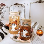 Personalized Cute Ghost 20oz Frosted Glass Tumbler with Bamboo Lid and Straw Spooky Season Halloween Gift for Women