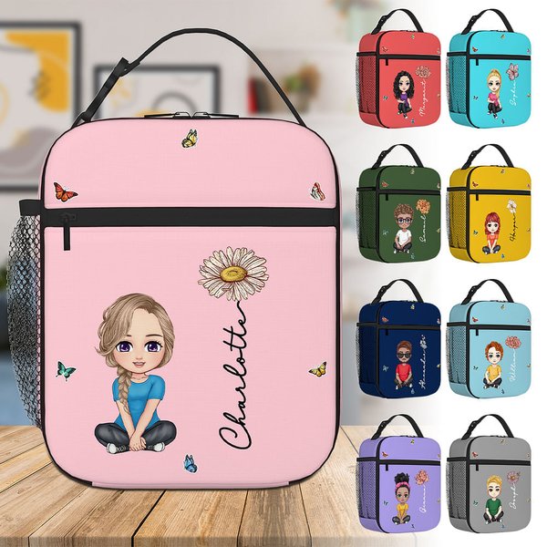 Personalised Cartoon Character Birth Flower Waterproof Insulated Lunch Bag with Name Portable Back to School Work Picnic Gift for Kids Family
