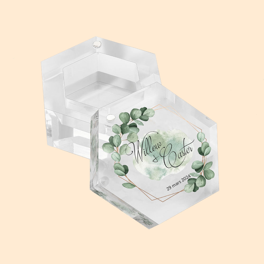 Boîte à Bagues en Acrylique avec Aimant Personnalisée avec Nom et Date Motif Eucalyptus Accessoire pour Mariée Cadeau Mariage pour Jeunes Mariés