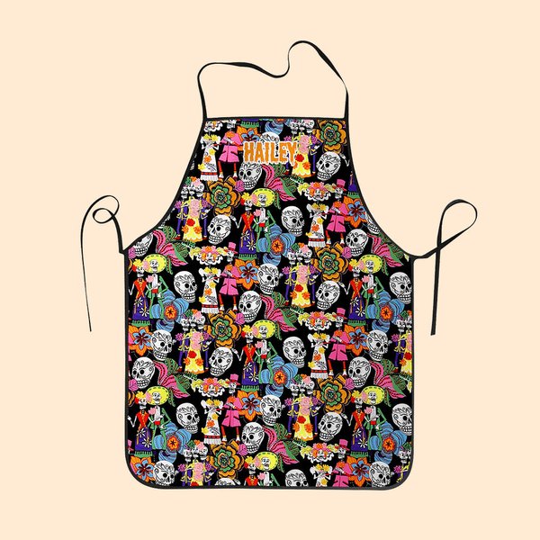 Personlig skjelett vanntett Unisex forkle med navn for frisør matlaging Day of the Dead Gave til Baker Barber