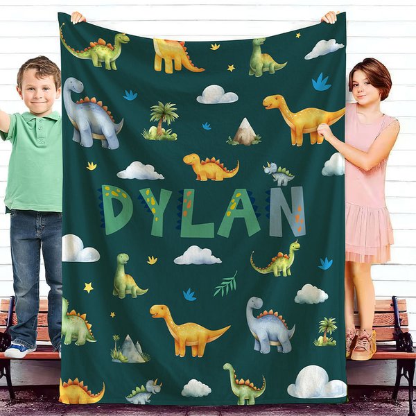 Personlig söt dinosaurie tema mjuk pläd filt med namn födelsedag baby shower tillbaka till skolan gåva för barn