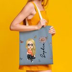 Personalisierte Niedliche Cartoon-Figur Canvas Tragetasche mit Geburtsblume und Namen Umweltfreundlich Schule Geburtstag Geschenk für Damen Mädchen