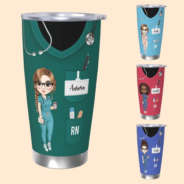 Personalisierter Mehrfarbiger 590 ml Thermosbecher mit Cartoon-Krankenschwester in Uniform und Namen aus Edelstahl Wertschätzung Geburtstag Geschenk