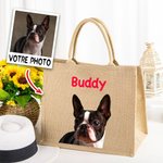 Sac en Jute Personnalisé avec Nom et Portrait de l'Animal Style Peinture à l'Huile Cadeau Anniversaire pour Amoureux d'Animaux de Compagnie