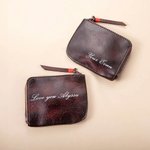 Personalized Vintage Vegetable Tanned Leather Mini Coin Handbag with Text Portable Travel Essentials Birthday Gift for Men Women