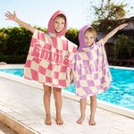 Personalised Multicolor Checkerboard Soft Quick Dry Hooded Beach Towel with Name Summer Vacation Travel Essentials Gift for Kids Family