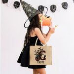 Personalized Pumpkin Bat Spider Web Trick Or Treat Initial Jute Tote Bag with Name Reusable Halloween Activity Accessories Gift for Kids