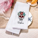 Serviette Gaufrée 100% Coton Personnalisée avec Nom Style Calavera Accessoire de Cuisine Cadeau Halloween Jour des Morts Mexique pour Famille Amis