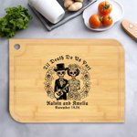 Tagliere in legno con teschio di zucchero personalizzato Til Death Do Us Part con nome inciso Giorno dei morti Regalo di nozze di Halloween per la cop