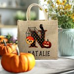 Personalized Pumpkin Bat Spider Web Trick Or Treat Initial Jute Tote Bag with Name Reusable Halloween Activity Accessories Gift for Kids