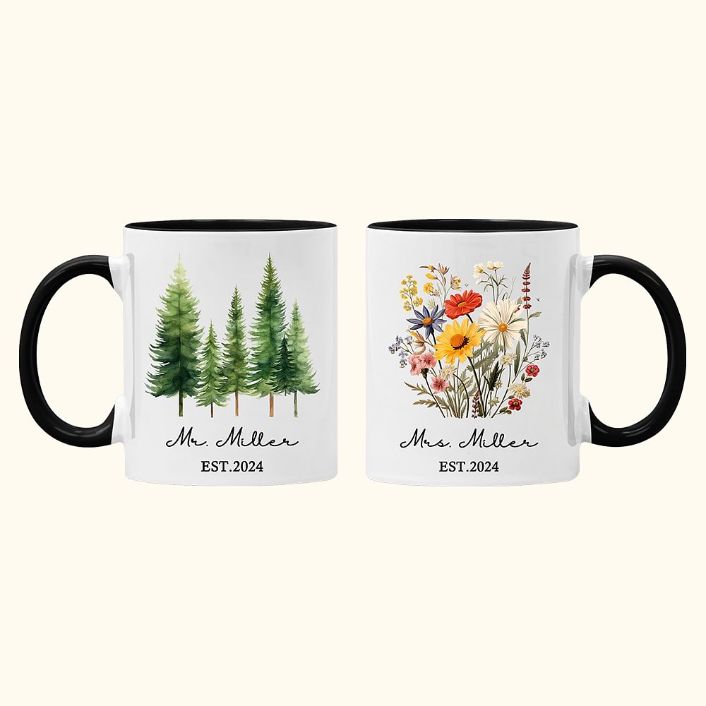 Mug personnalisé en céramique Wildflower Pine Tree 11oz avec nom Anniversary Wedding for Couples
