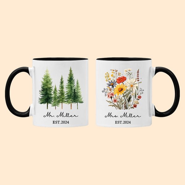 Personalized Ceramic Wildflower Pine Tree 11oz Mug with Name Anniversary Wedding for Couples