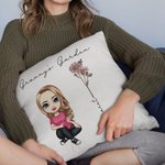 Personalized Birth Flower Cartoon Character Soft Throw Pillow Cover with 1-4 Names Sofa Decor Mother's Day Birthday Gift for Grandma Mom