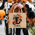 Personalized Pumpkin Bat Spider Web Trick Or Treat Initial Jute Tote Bag with Name Reusable Halloween Activity Accessories Gift for Kids