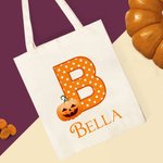 Personalisierte niedlichen Kürbis Canvas Tragetasche mit Namen und Initialen Trick oder behandeln Halloween Party Geschenke für Kinder