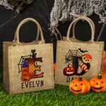 Personalized Pumpkin Bat Spider Web Trick Or Treat Initial Jute Tote Bag with Name Reusable Halloween Activity Accessories Gift for Kids