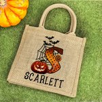 Personalized Pumpkin Bat Spider Web Trick Or Treat Initial Jute Tote Bag with Name Reusable Halloween Activity Accessories Gift for Kids