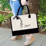 Personalized Line Birth Flower Large Capacity Beach Canvas Tote Bag with Waterproof Liner Bridal Party Summer Gift for Girls Women